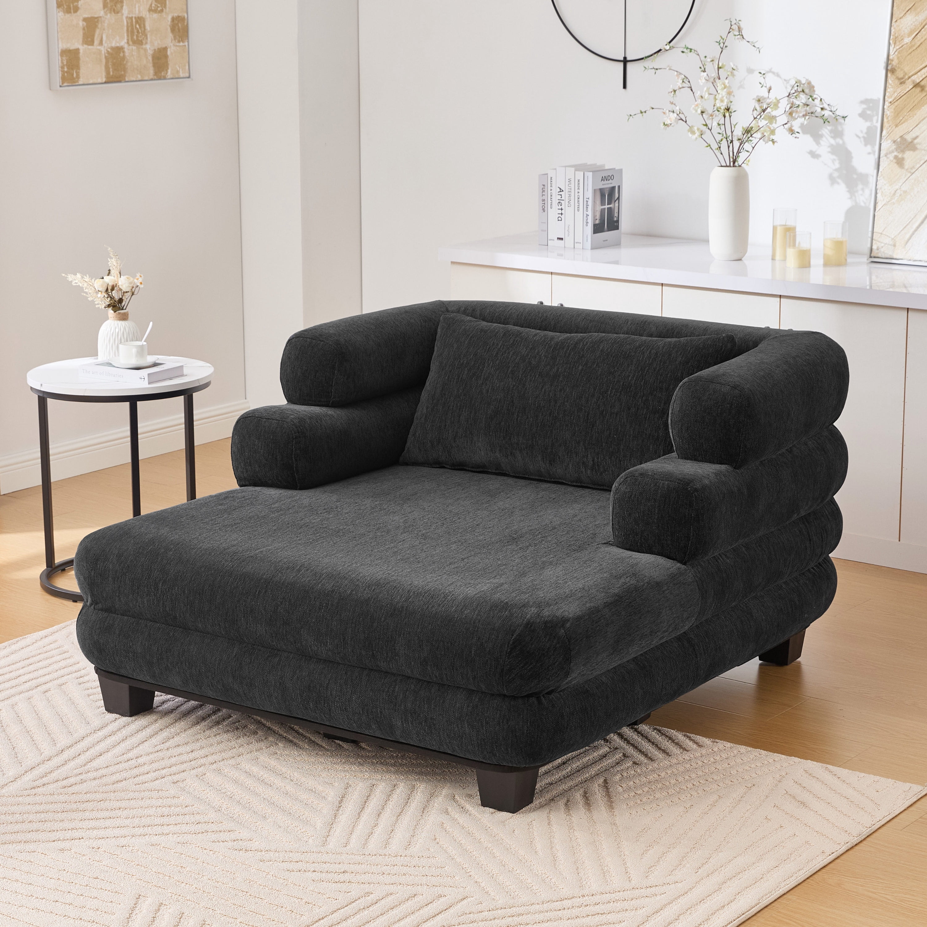 Euroco Oversized Chaise Lounge 52.4" Modern Comfy Lounger Chenille Upholstered Sofa Bed with Deep Seat and Layered Armrests for Living Room or Bedroom, Black