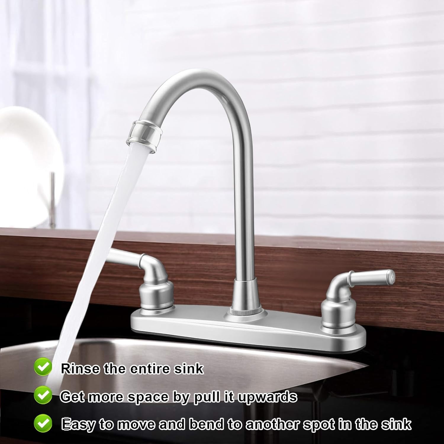 RV Kitchen Faucet, Two Handle High Arch Sink Non-Metallic Brushed Nickel 2 360° Rotating Spout Faucet for Motorhomes Travel Trailers