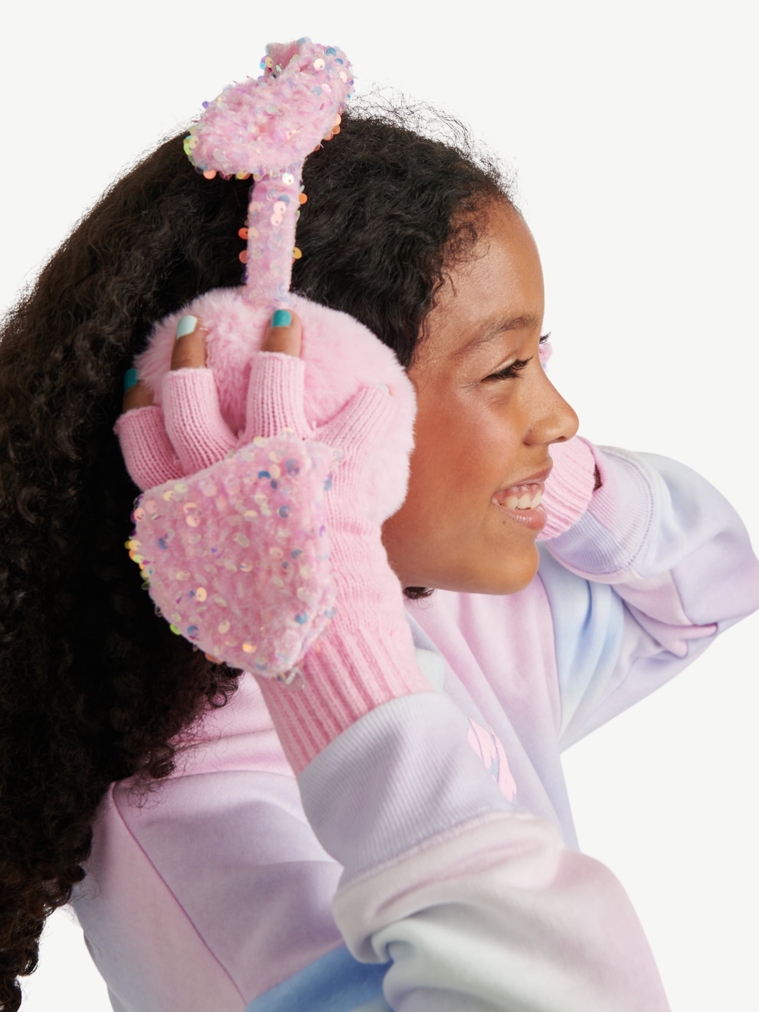 Justice Girls Velvet Sequin Bow Faux Fur Earmuff and Flip Top Glove Set, Pink