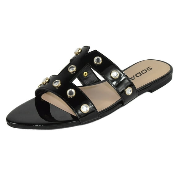 Soda Shoes Women's Sandals Double Strap Slides Rhinestone Bling Studded Open Pointed Toe YISKA-S Black Patent 7