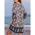 thumbnail image 3 of Women Casual Beach Summer Boho Tassel Tie Neck 3/4 Long Sleeve Short Floral Print Cover Up Sundresses Black M, 3 of 6