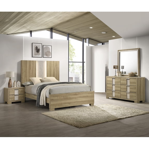 Contemporary Natural Wood Finish 5pc LED Headboard Queen Panel Bed Bedroom Set