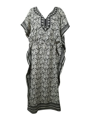 Mogul Women Black White Floral Maxi Caftan Dress Kimono Sleeves Beach Cover Up Comfy Kaftan