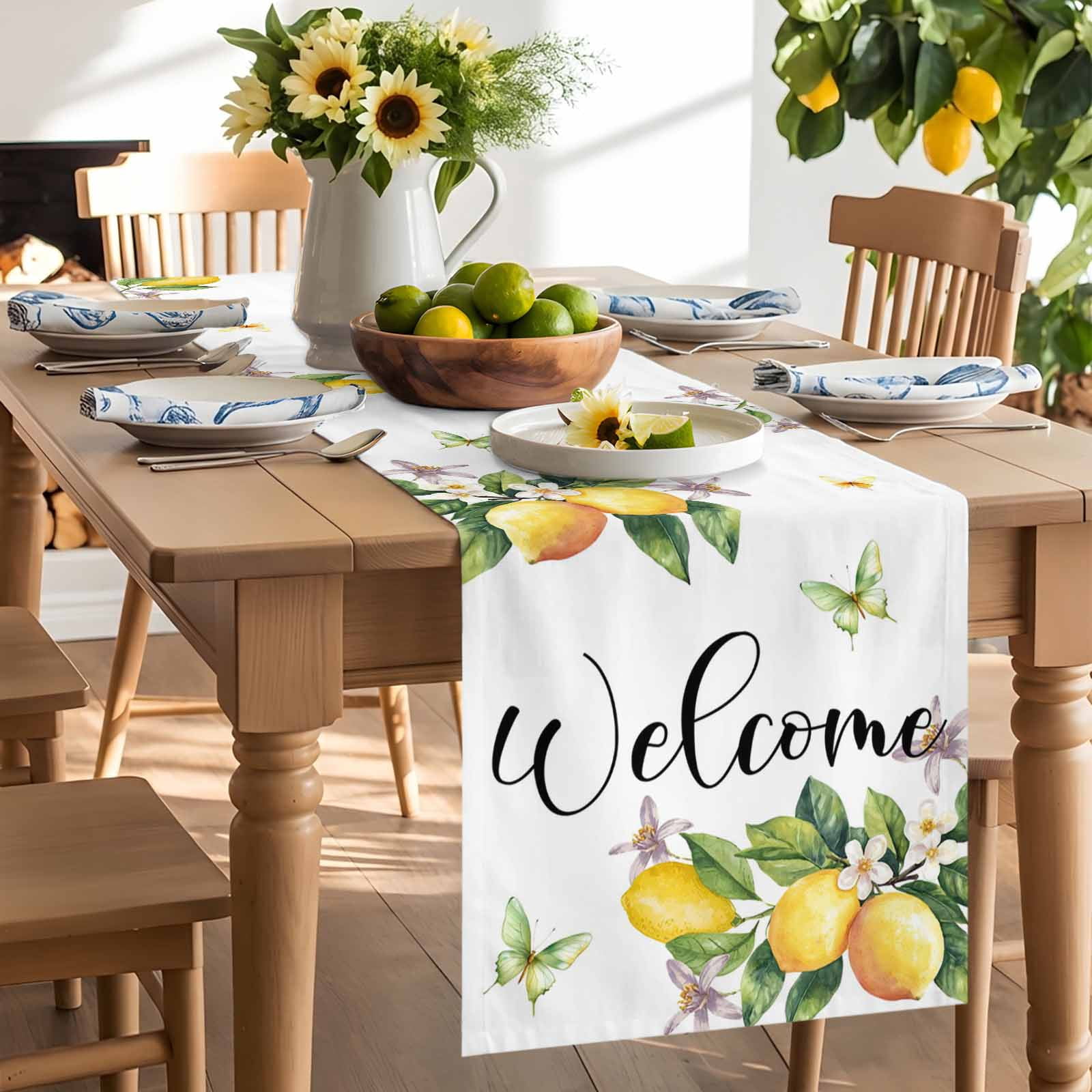 Summer Lemon Flower Leaves Table Runner 90 Inches Long, Butterfly Welcome Quote Table Runners Tabletop Scarf Kitchen Dining Tables Decoration for Home Party Indoor Outdoor