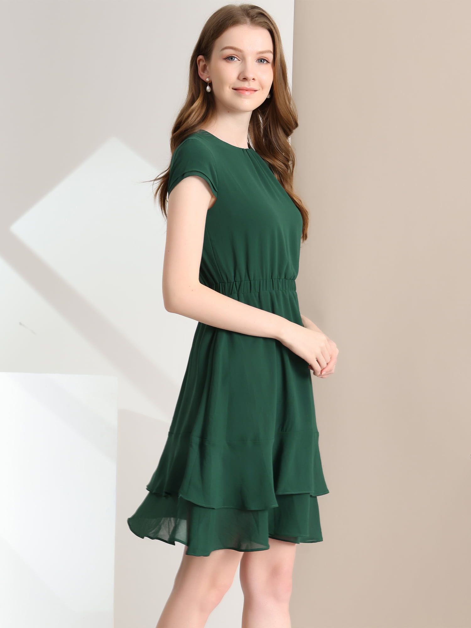 Unique Bargains Women's A-Line Layered Ruffled Mid-Length Dress Dark Green S