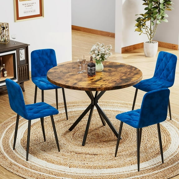 Recaceik 5 Pieces Round Dining Table Sets for 4, Mid-Century Modern Round Table with 4 Velvet Chairs, Kitchen Dining Table Set for Homes, Apartments