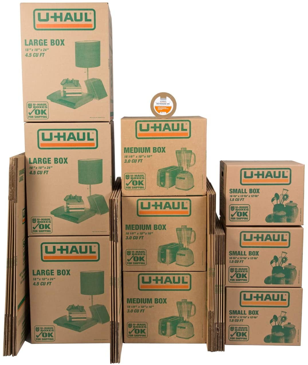 U-Haul Moving Box Variety Pack 10 Small, 10 Medium, and 5 Large Boxes - Suitable for Moving, Packing, Shipping, and Storage - Bonus Roll of Tape Included
