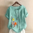 thumbnail image 2 of T Shirts For Women Womens Tops Cotton Linen Tops For Crewneck Roll Up Short Sleeve Tshirt Trendy Floral Print Casual Loose Fitted Blouse, 2 of 5