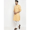 thumbnail image 5 of eloria Men's Traditional Peach-Coloured Red Solid Cotton Blend Long Kurta Pyjama set, 5 of 7