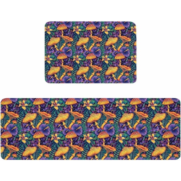 Kitchen Rugs and Mats,Yellow Mushroom Purple Flower 2 Piece Anti Fatigue Area Runner Rug Set Comfort Standing Floor Mat,Watercolor Tropical Plant Non Slip Absorbent Doormats for Laundry/Bathroom