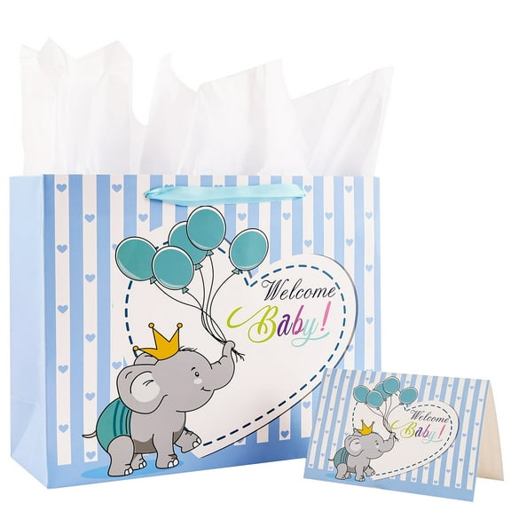13" Cute Elephant Baby Shower Gift Bags Medium Size Welcome Baby Kraft Paper Bag with Ribbon Handles Tissue Paper Greeting Card