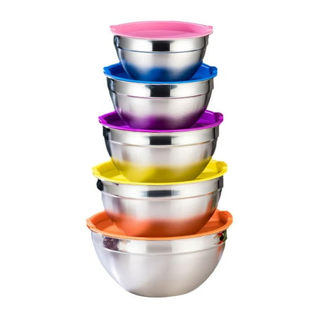 

5pcs Stainless Steel Mixing Bowls Multipurpose Household Salad Bowl with Lid Nesting Metal Bowl Set for Cooking Baking Kitchen