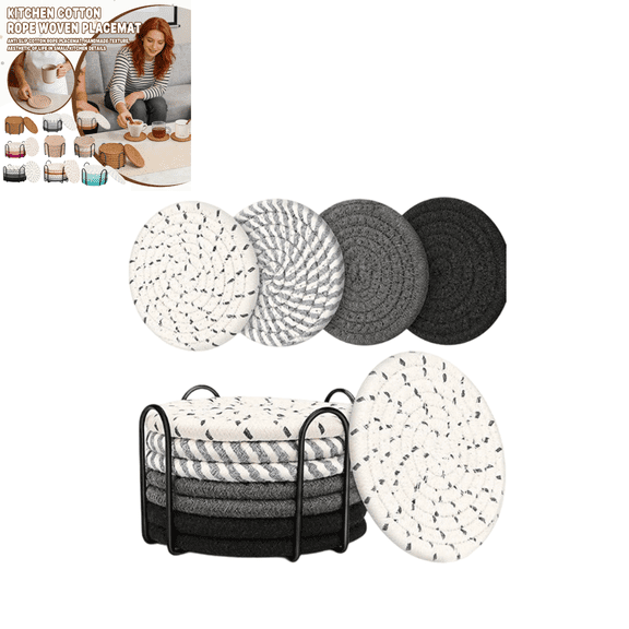 Absorbent Woven Cotton Drink Coasters, Set of 8 Round Coasters with Organizer Holder, Non-Slip Heat Resistant Boho Decor, 4.3 Inch Woven Coaster Set for Indoor Tabletop, Desk Use. Black