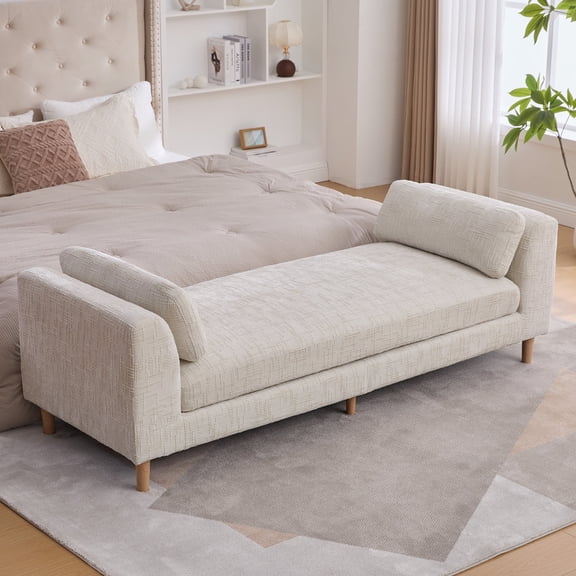HIUU 83"End of Bed Bench King Size Beige, Bench for Bedroom End of Bed Sofa Sleeper,Chenille Chaise Lounge with Armrests, Upholstered Bench for Living Room