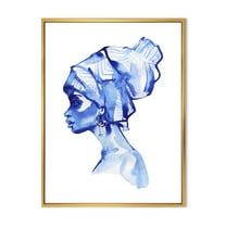Designart 'Afro American Woman Blue Fashion Portrait' Modern Framed Canvas Wall Art Print