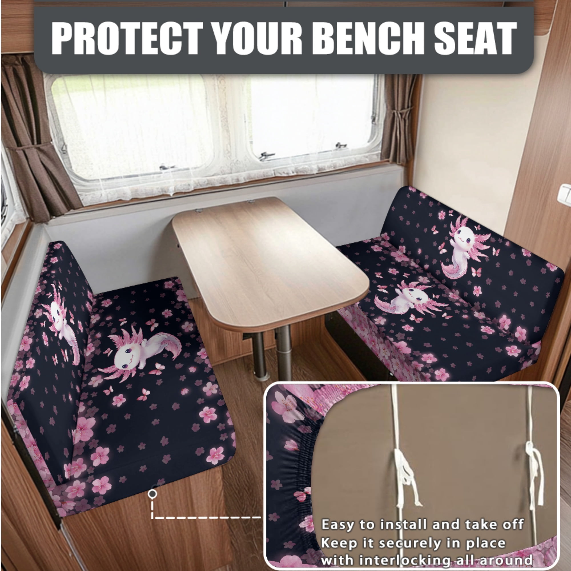 FOR U DESIGNS Axolotl Cherry Blossom Print 3 Pcs RV Dinette Cushion Covers Elastic Camper Seat Covers with Pillowcase, Stretch Loveseat Sofa Chair Cover Furniture Protector for RV Camper Bench