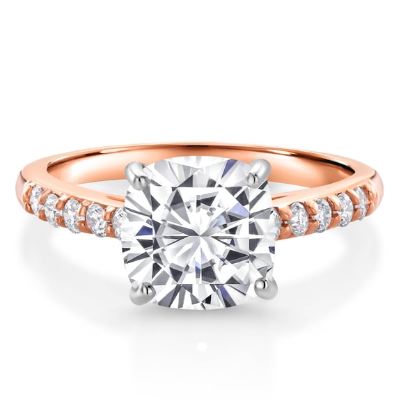 Gem Stone King 10K Rose Gold White Moissanite and White Lab Grown Diamond Engagement Ring for Women (2.60 Cttw, Cushion Cut 8MM, Gemstone Birthstone, Size 5)