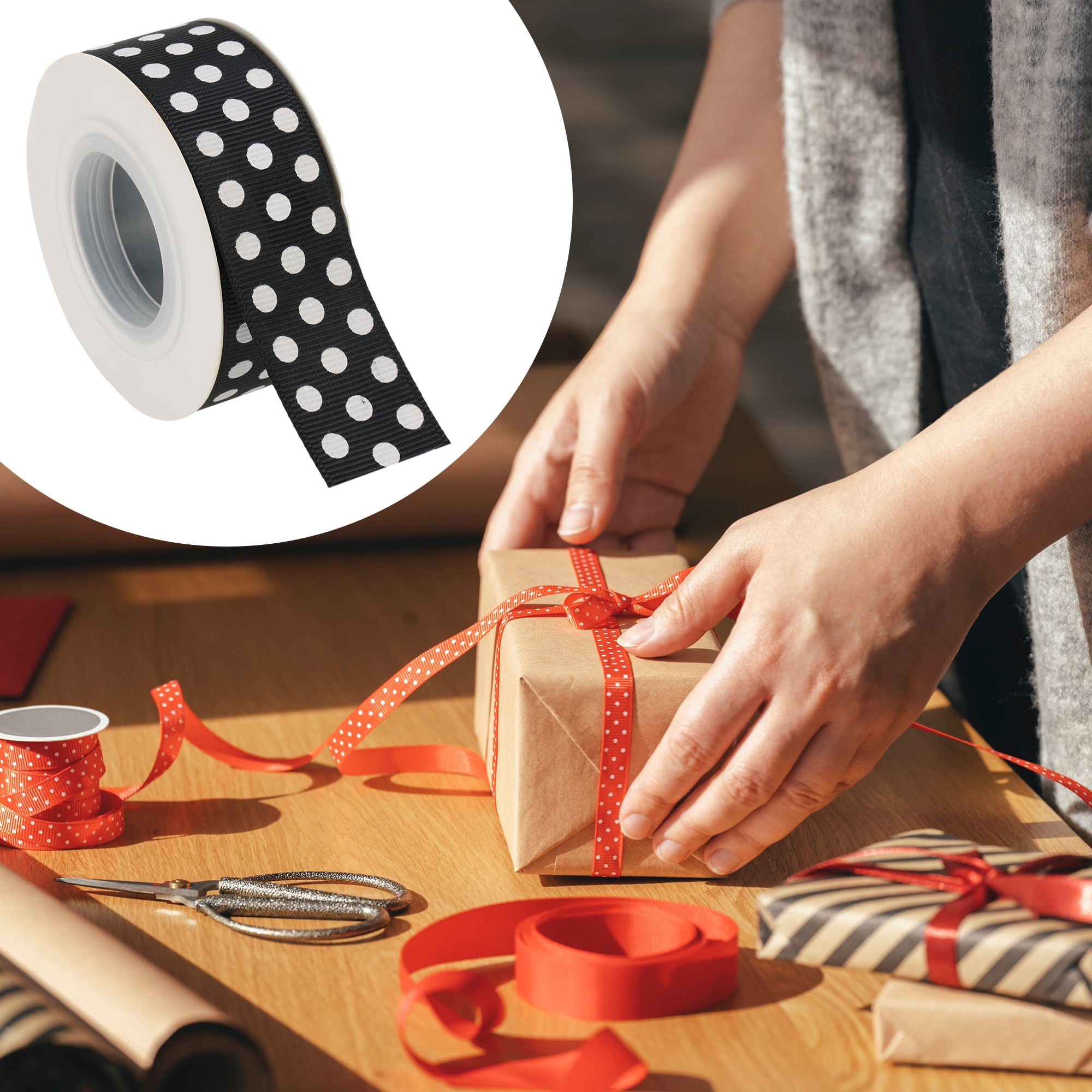 Unique Bargains 0.98"x29.53' Polka Dots Gift Wrapping Ribbon for Crafts 1Pc Black