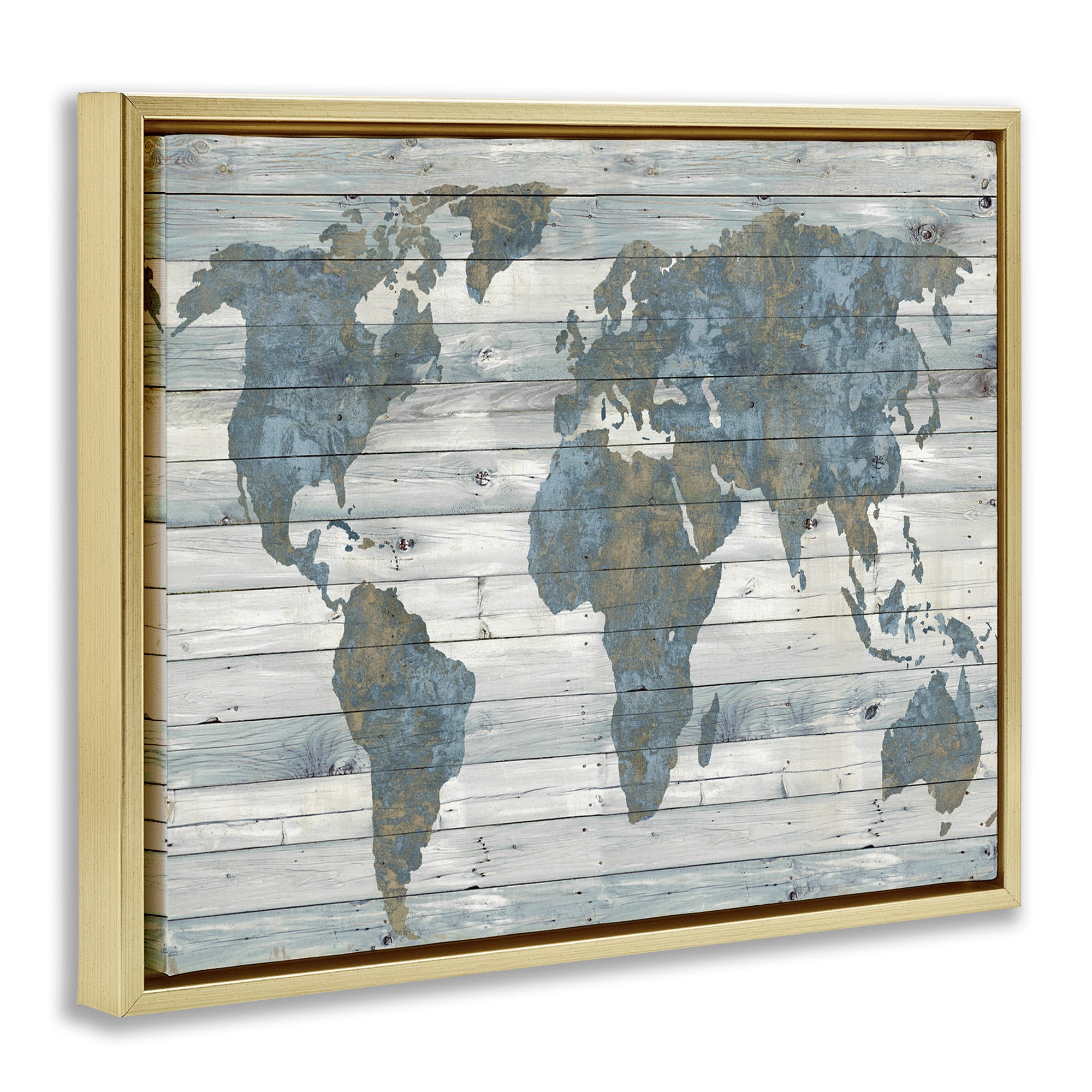 Stupell Industries Slate Blue & Tan World Map Town & City Painting Gold Floater Framed Canvas Art Print Wall Art, 31 x 25