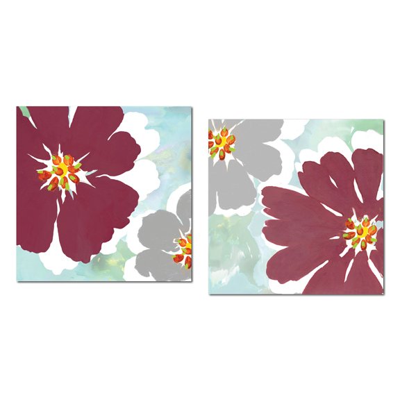 Beautiful Burgundy, Grey and Teal Blooming Floral Print Set; Two 12x12in Unframed Poster Prints