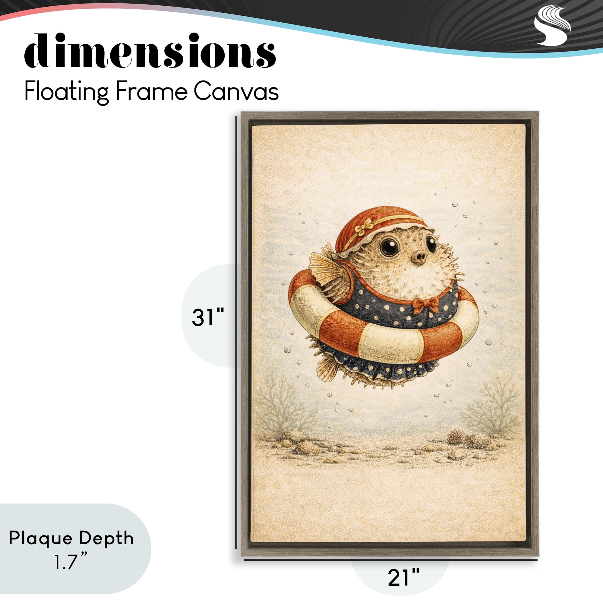 Stupell Industries Pufferfish Of Maritime Bathing Society Brown Framed Floater Canvas Wall Art, design by Grotto Studios