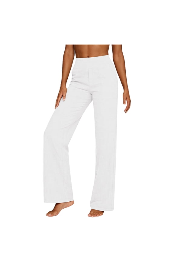Cotton Linen Pants for Women Summer Trendy Pull on High Waist Trousers Lounge Lightweight Flowy Clothes