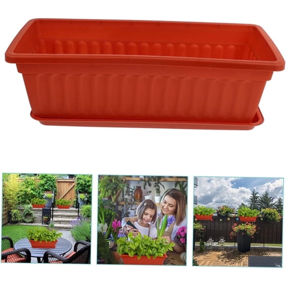 1Pcs Rectangle Planter Box,17.3x7.5x5.5In Watering Plant Container with Drainage Hole,Red Plastic Planters Box for Porch,Yard