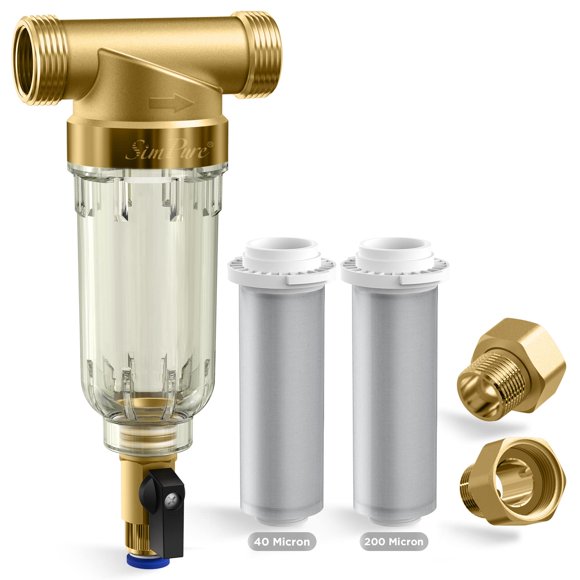 SimPure Filtro de sedimentos giratorio de 40/200 micras, filtro de agua de sedimentos reutilizable para toda la casa, sistema de prefiltración para agua de ciudad/pozo, 1" MNPT + 3/4" FNPT + 3/4"MNPT,
