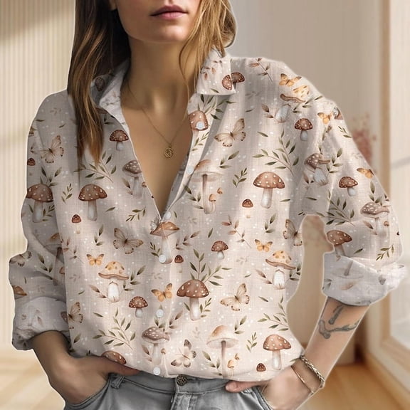 Mushroom Goblincore Linen-Look Shirt, Nature Casual Shirt, Garden Blouse Women Shirt, Mushroom Collector Shirt, Vintage Shirt Women, Button Up Shirt