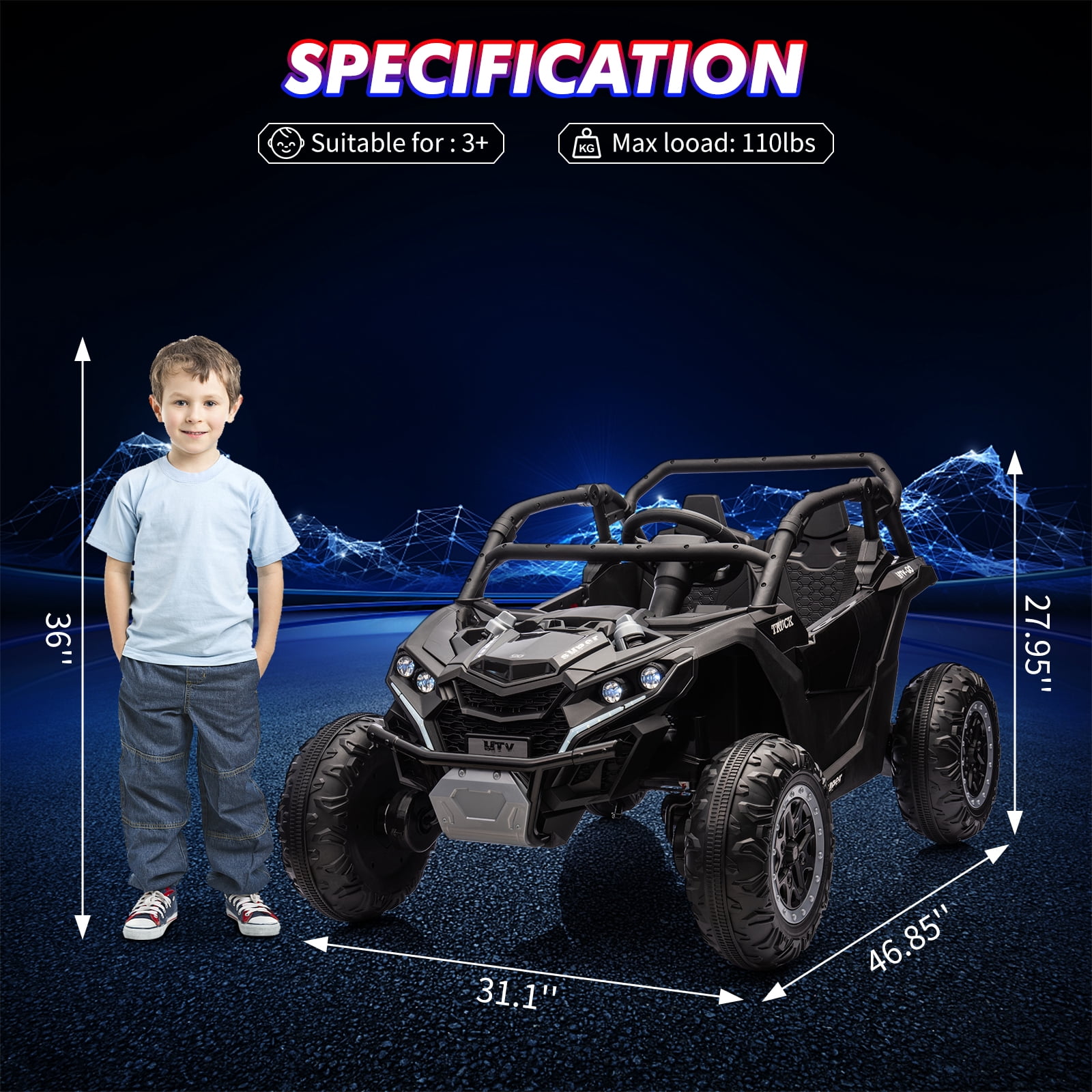 CazToi 24V 7 AH 4WD Battery Powered 2 Seater Ride On Car Off-Road Electric UTV with Remote for Kids