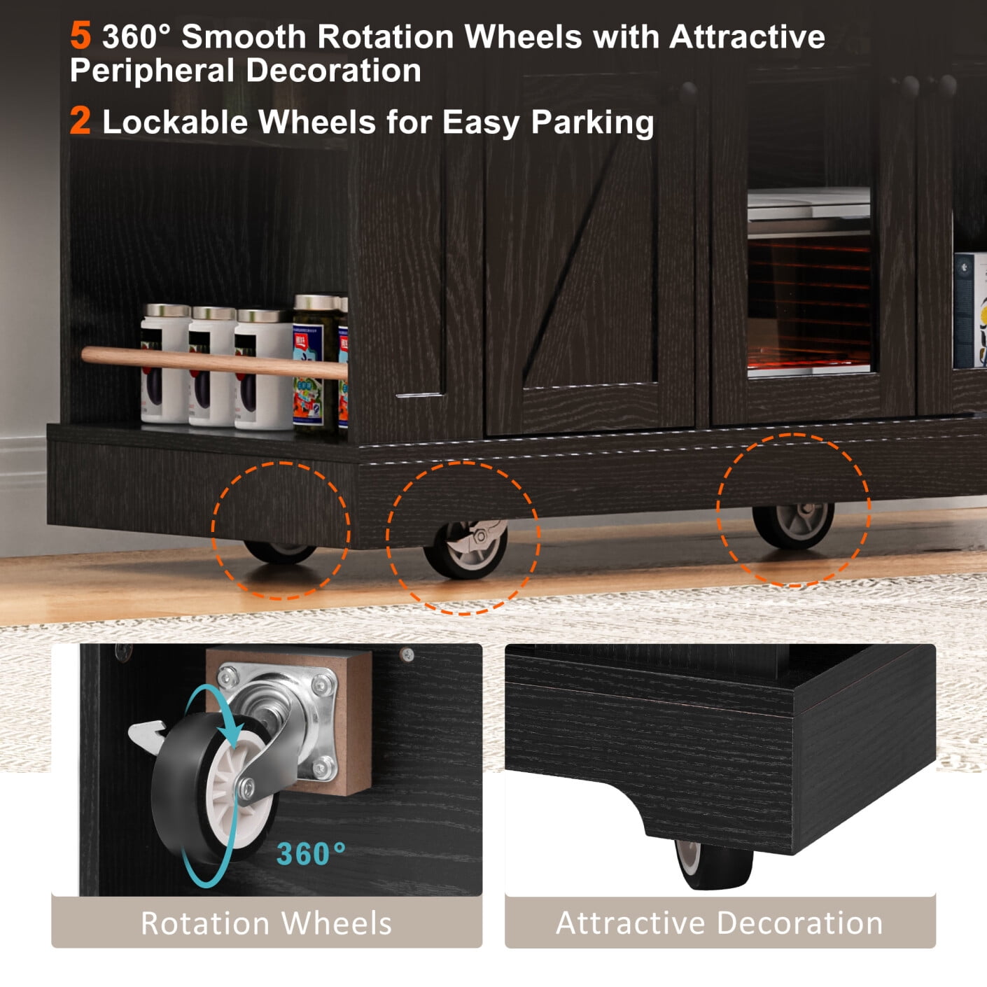 53'' Farmhouse Kitchen Island with Two Tempered Glass Cabinet Doors, Kitchen Rolling Island with Power Outlet 5 Open Side Racks and 3 Drawers,Mobile Island Table for Kitchen, Dining Room,Black