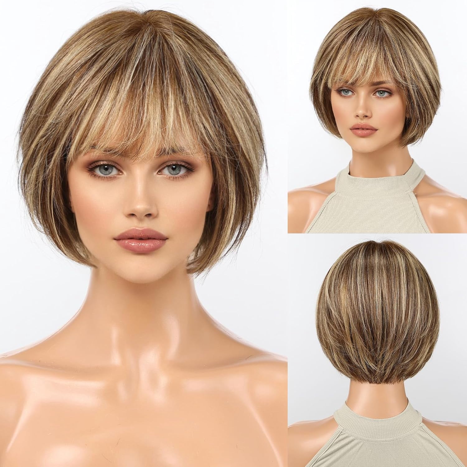 DOPI 10 Inch Brown Mixed Blonde Wigs Human Hair for Women, Remy Human Hair Wigs, Human Hair Wigs with Bangs
