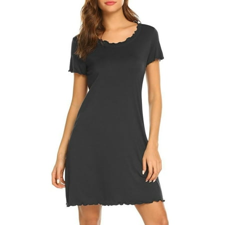 

MAWCLOS Ladies Sleep Dress Short Sleeve Sleepshirt Solid Color Nightgowns Women Comfy Nightdress Holiday Pajama Black S