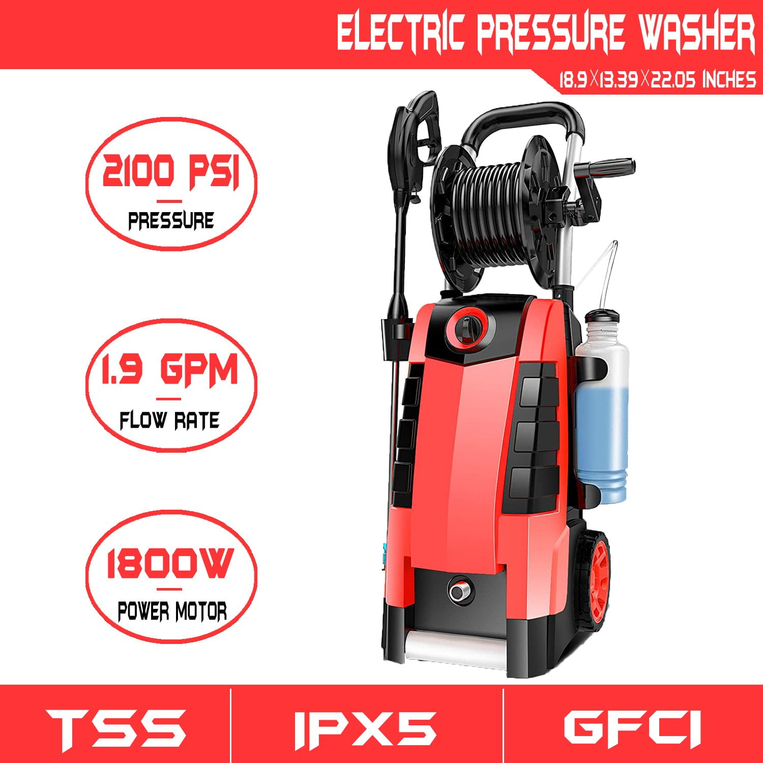 2100 PSI Electric High Pressure Washer,1.9GPM 1800W High Power Cleaner Machine,5 Adjustable Nozzle Hose Reel