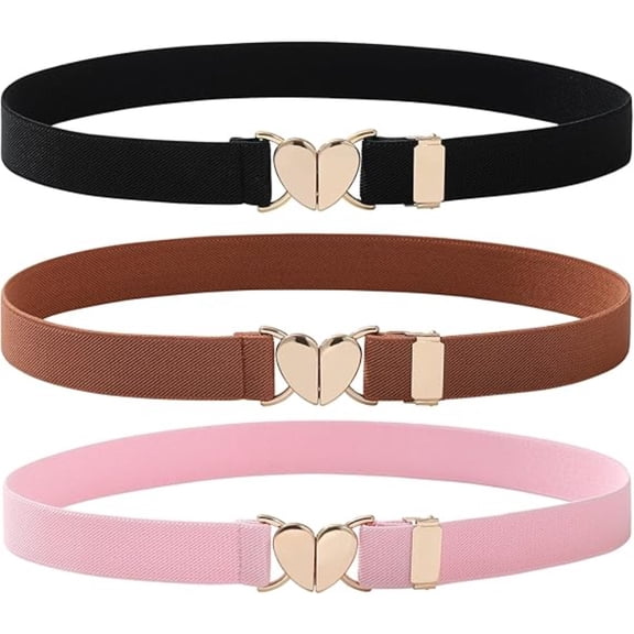 3-Pack Adjustable Elastic Belt for Women - Decorative Gold Heart Buckle, High-Stretch Fabric for Pants, Skirts, Daily & Seasonal Wear