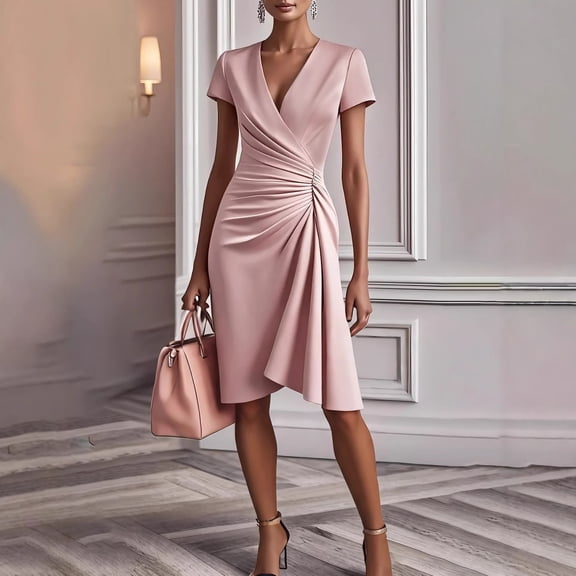 Morttic Women's Elegant Short Sleeve Dress – V-Neck Pleated Detail, Asymmetrical Hem, Solid Color Evening Party Gown Pink,S