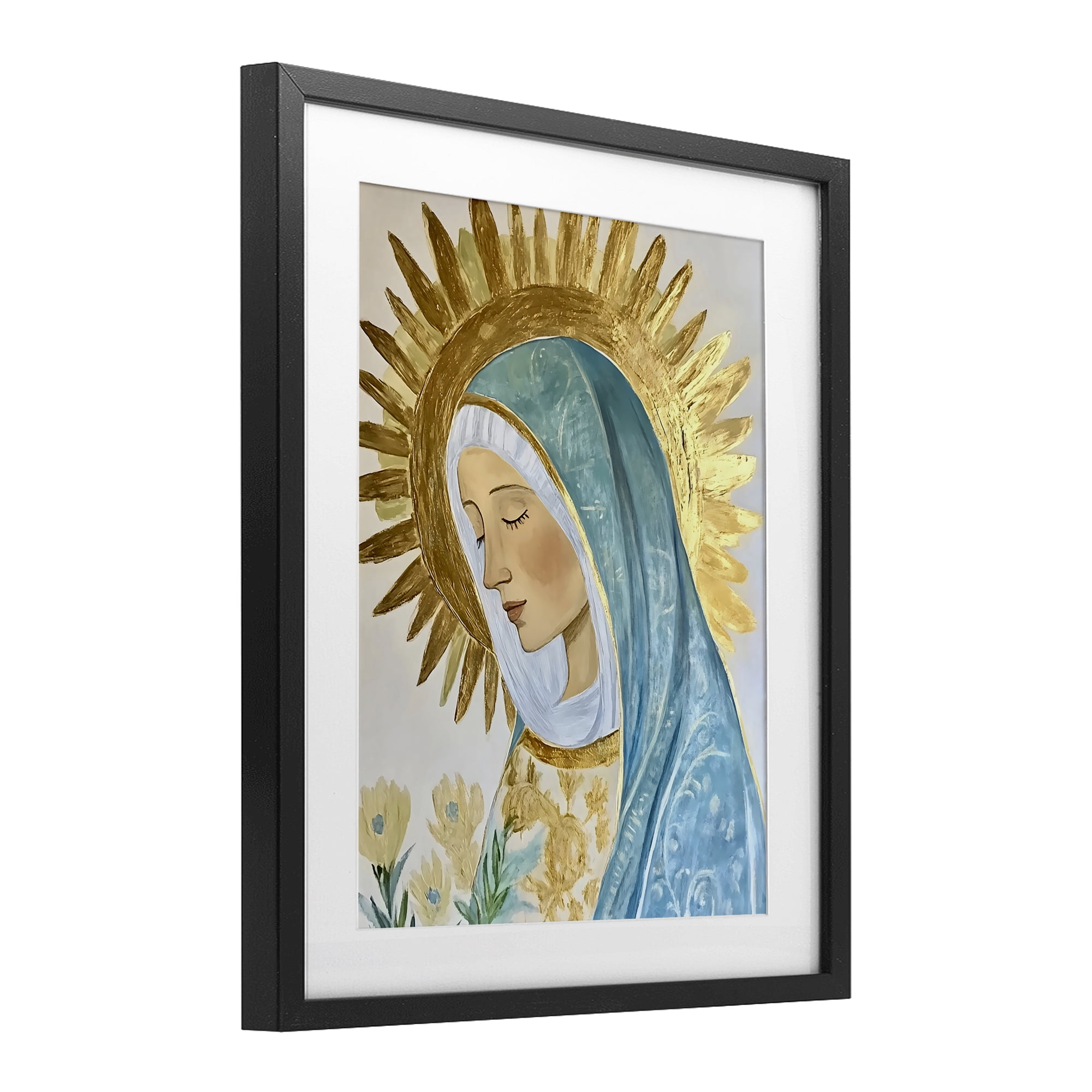 Holy Mary In Gold Black Framed Print Under Glass, design by Franklyn Gregory