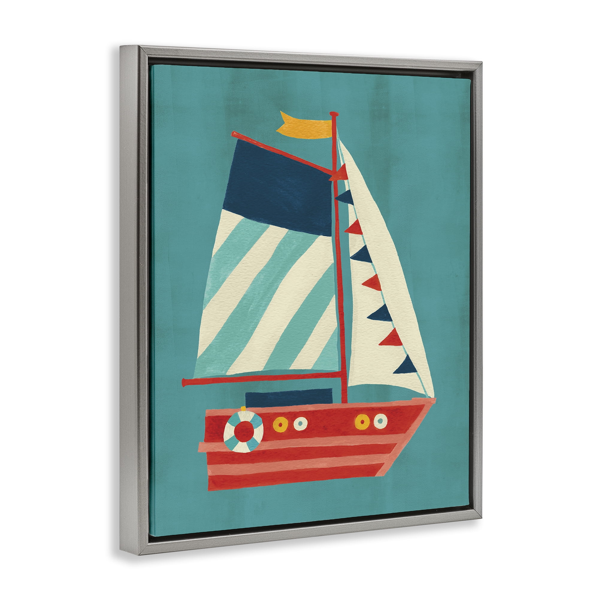 Stupell Industries Striped Sailboat on Blue Transportation Painting Gray Floater Framed Canvas Art Print Wall Art, 17 x 21