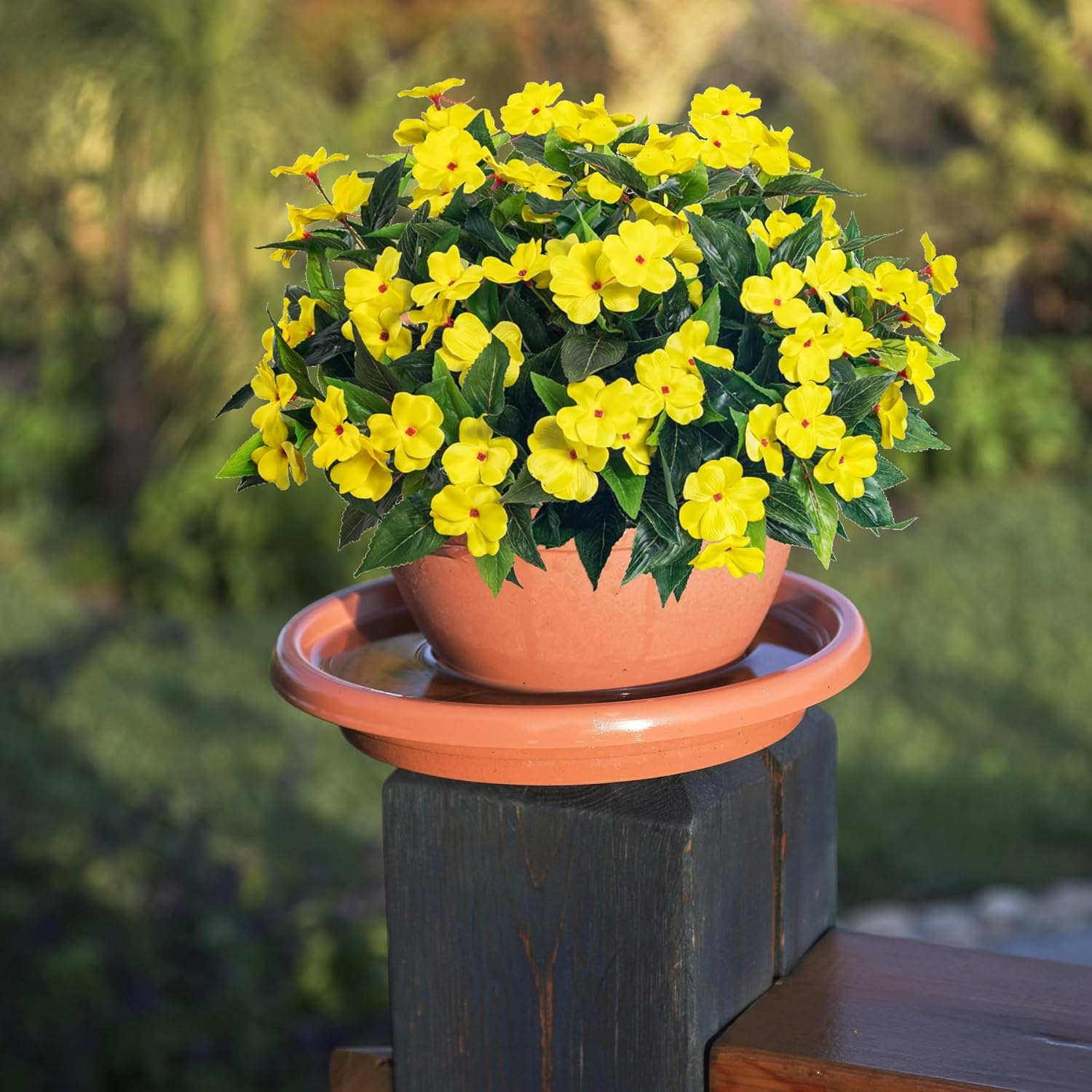 Topboutique Artificial Impatiens Flowers for Outdoors 4 Pcs 7 Branches Silk Flowers Greenery Bouquet Faux Yellow Flowers Plants Fake Plant for Planter Front Door Porch Patio Table Indoor Decor