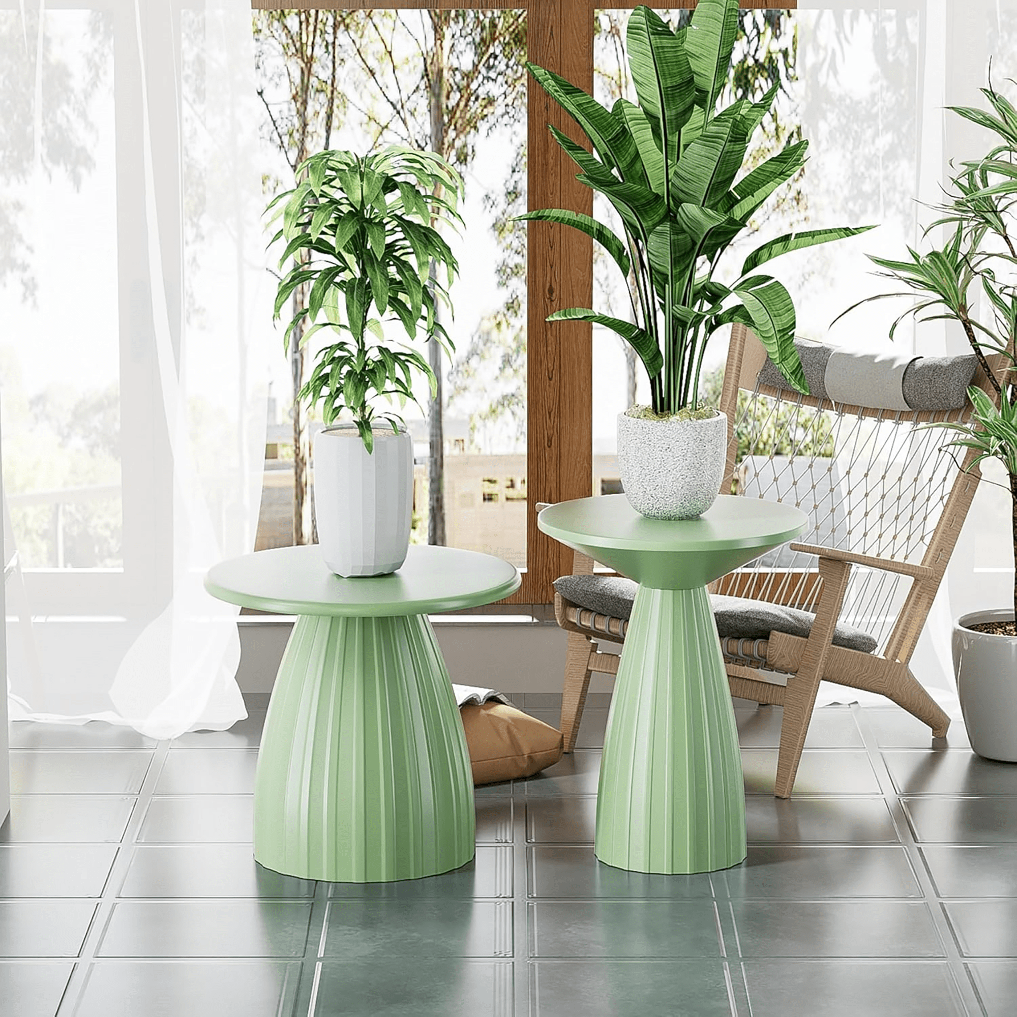 Outdoor Side Tables Set of 2, Small Round End Table, Weather Resistant Metal Steel Side Table for Patio Yard Balcony Garden Bedside, No Assembly, Green