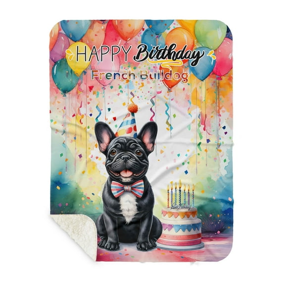 Happy Birthday to French Bulldog Kitten Party Balloons Cake Cozy Sherpa Blanket Dog Lover Gifts Warm Soft Throw Blanket - 00027
