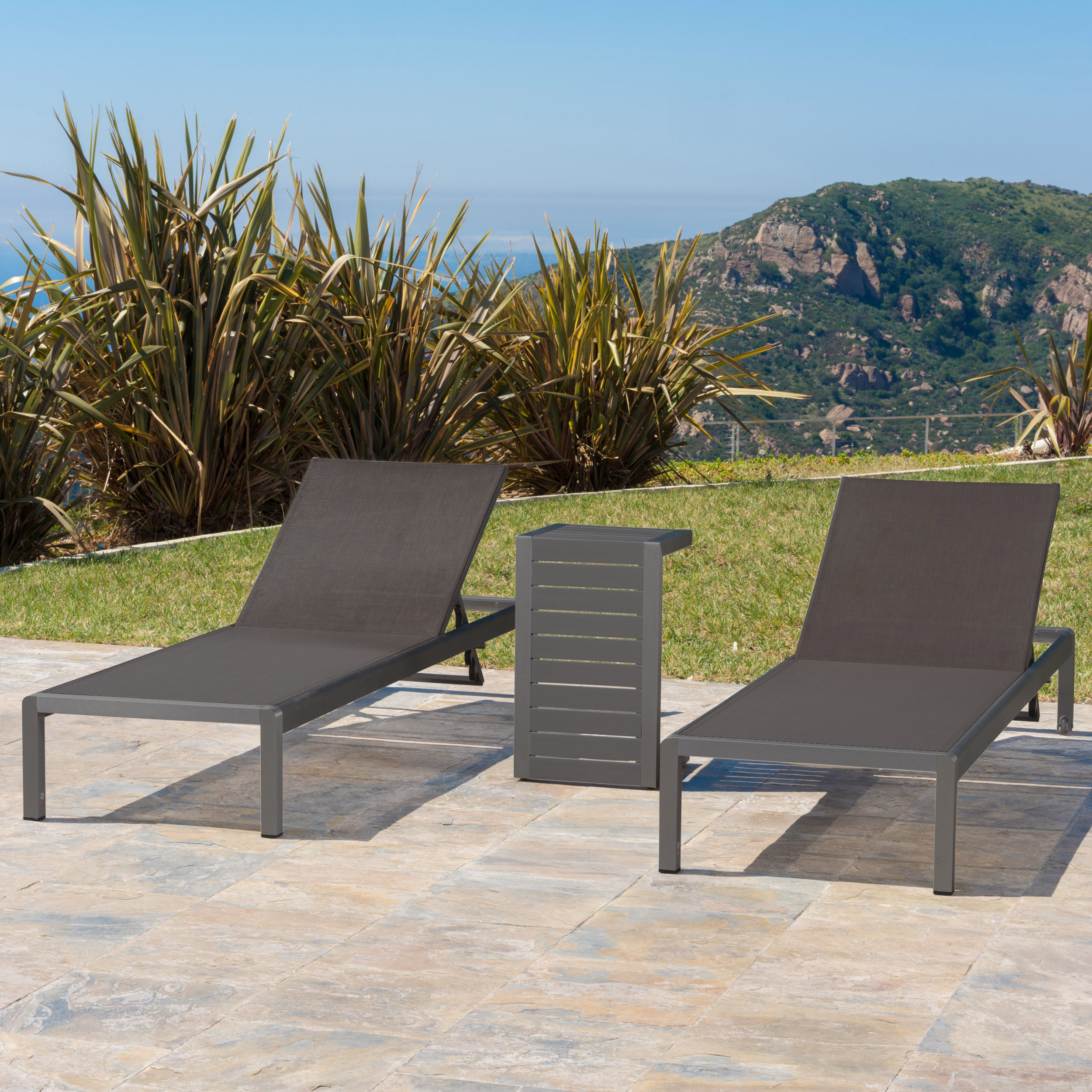 Miller Outdoor Aluminum Chaise Lounge and C-Shaped Side Table, Grey