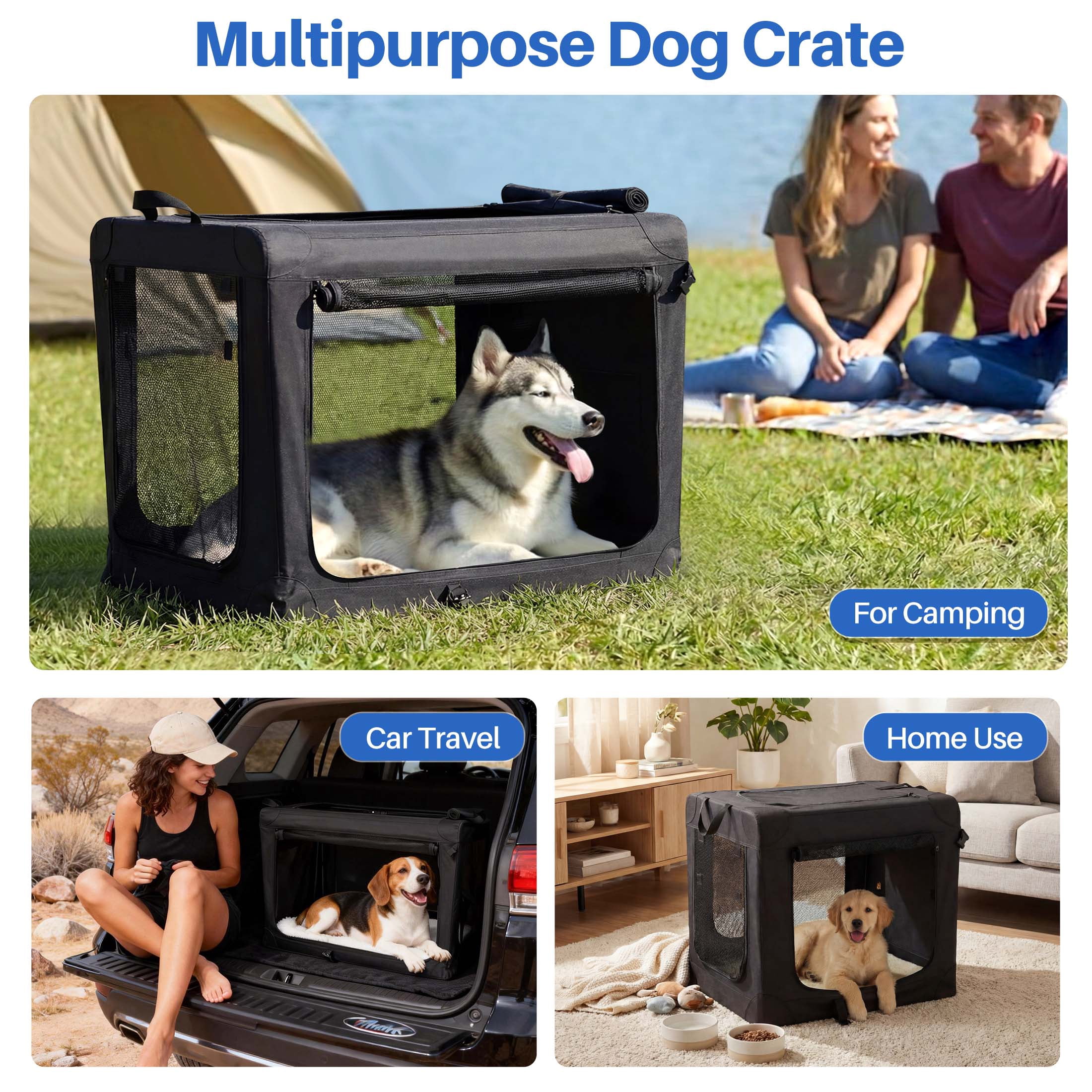 edx 42 Inch Portable Foldable Dog Crate for Extra Large Dog, 3-Door Soft Pet Airline Approved Crate with Storage Bag & Washable Pad, Up To 80Lbs, For Indoor Outdoor Dog/Cat/Pet Kennel Carrier, Black