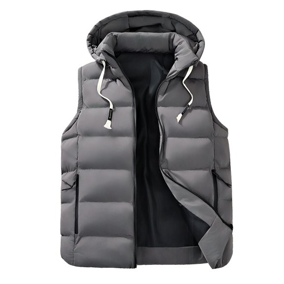 Wrtxtat Men's Puffer Vests Winter Midweight Warm Sleeveless Outerwear with Pockets Solid Color Drawstrings Hooded Puffer Vest Big and Tall Gray L