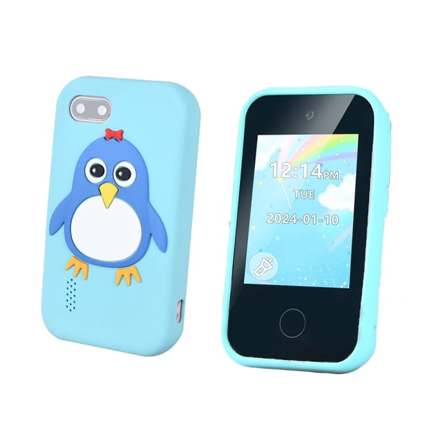 Teléfono inteligente con cámara táctil para niños, funda de silicona con diseño de pingüino, minidispositivo digital con dibujos animados y pantalla de 2,8 pulgadas para capturar fotos y vídeos.
