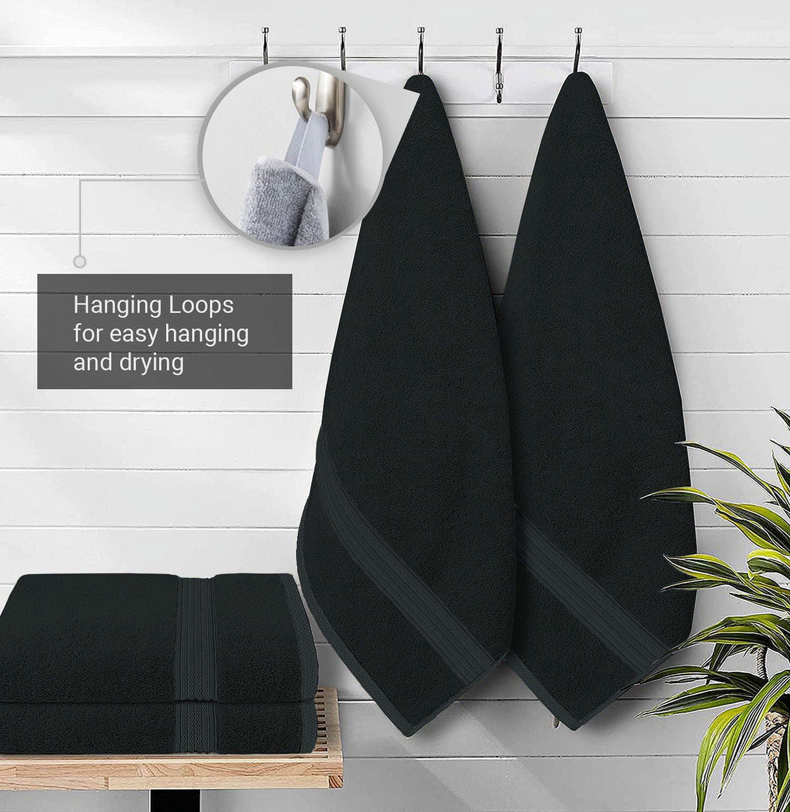 Creosa Cotton Bath-Towels-Set Black, 100% Ring Spun Combed-Cotton 4pc Bathroom Towels 27x54 Inch, Highly Absorbent Soft Feel, Daily Use Black Towels with Hanging Loop