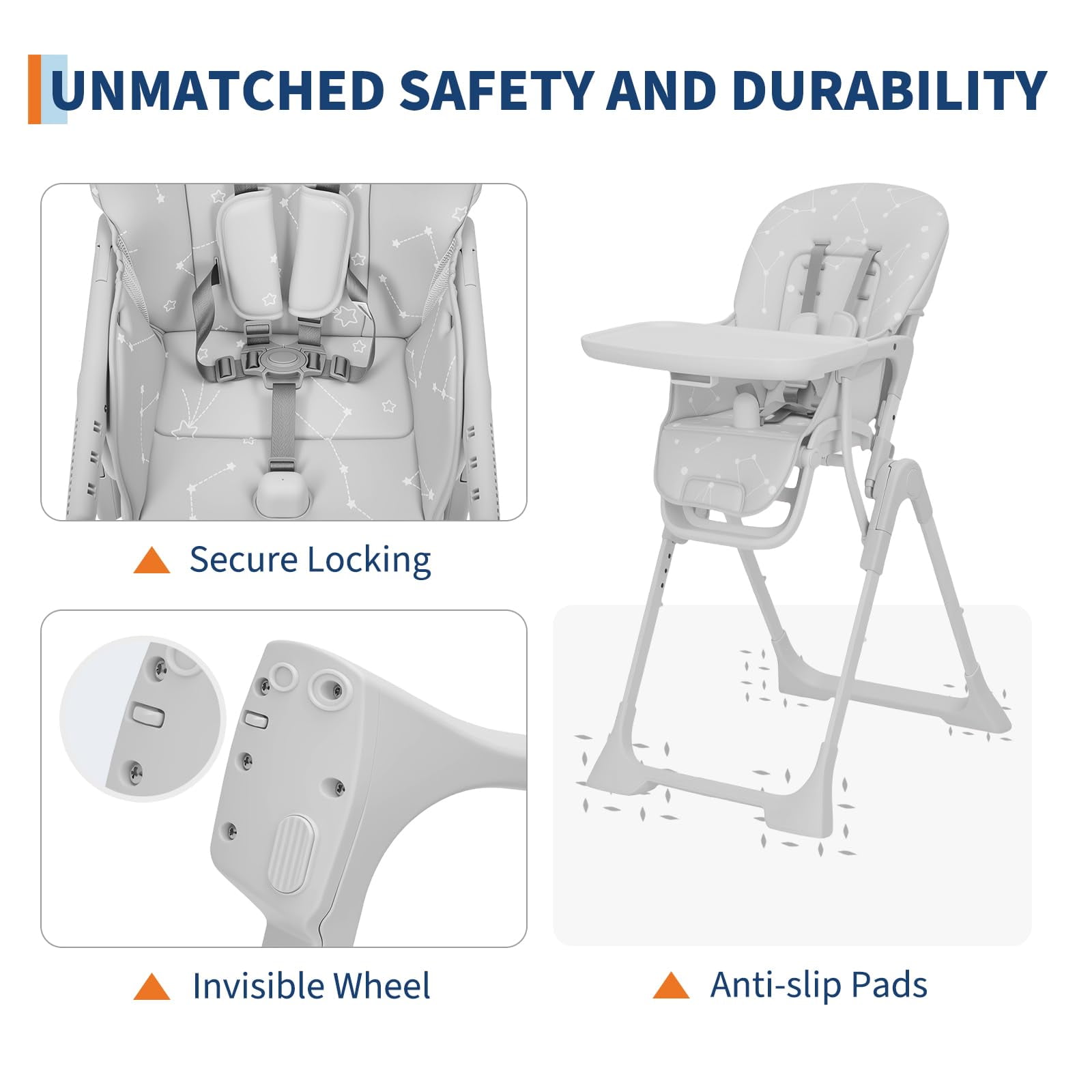 Collapsible Baby High Chair for Feeding – Adjustable Height, Backrest & Footrest, Removable Tray, Compact Fast Folding, Safe for Babies & Toddlers, Easy Clean