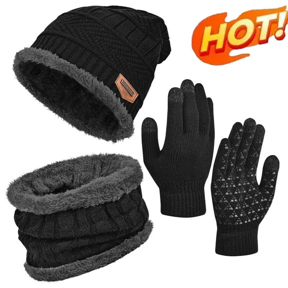 3 PCS Winter Beanie Scarf Gloves Set for Men & Women, Touch Screen Gloves Cold Weather Neck Warmer Skull Cap - Black