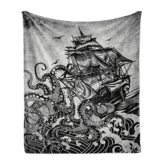 Nautical Soft Flannel Fleece Blanket, Monochromatic Marine Design of Kraken Octopus Tentacles Around Ship, Cozy Plush for Indoor and Outdoor Use, 60" x 80", Charcoal Grey Pale Taupe, by Ambesonne