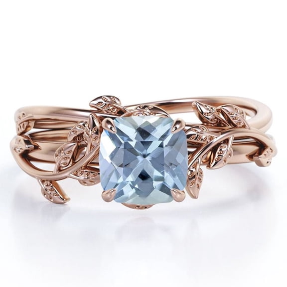 JeenMata Leaf Pattern 1 Carat Cushion Cut Bright Blue Created Aquamarine Solitaire Bridal Set in 18K Rose Gold Plating over Silver